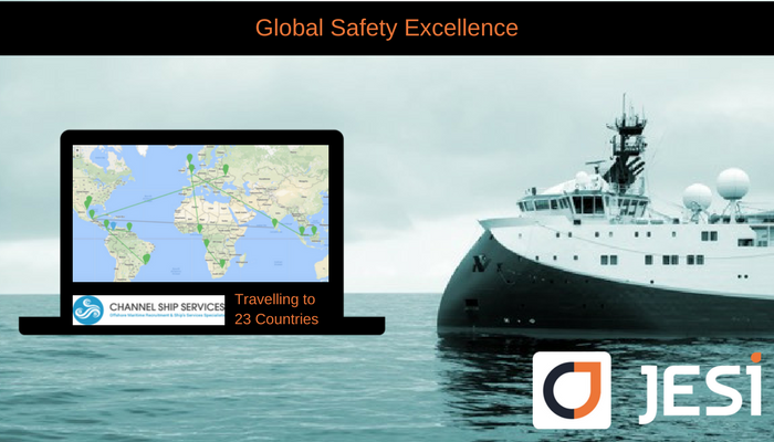 Picture of a navy ship in sea with a laptop icon and map in it with SafetyIQ logo