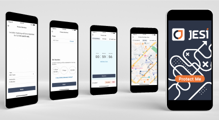5 phones showing steps in jesi lone worker app protect me