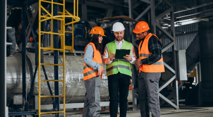 three manufacturing workers looking at their training log